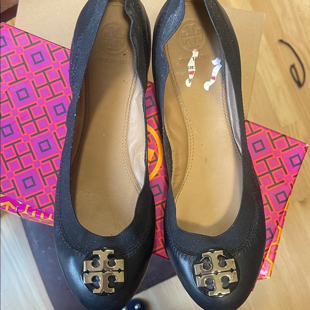 Tory Burch Black Leather Flats with Gold Logo